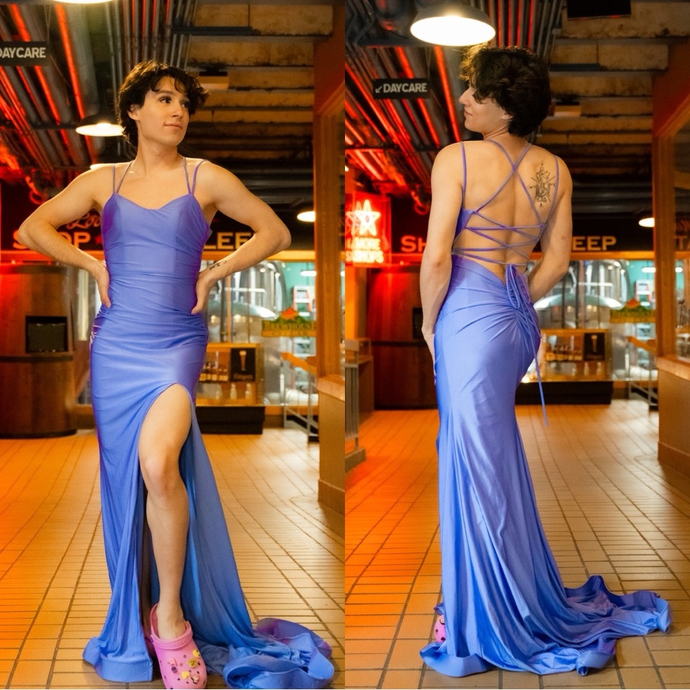Purple Side Slit Strappy Back fitted Prom Dress by La Femme